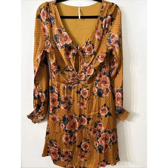 Free People Long Sleeves Autumn Gold Floral Dress Sz 6/8 Knee Length Fall Boho - Picture 4 of 8